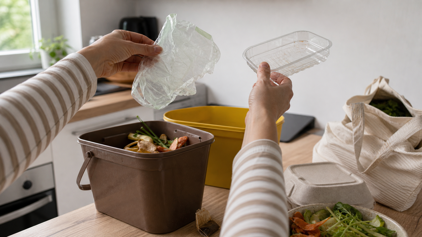 Sortarea separată a unei folii compostabile și a unui ambalaj convențional din plastic