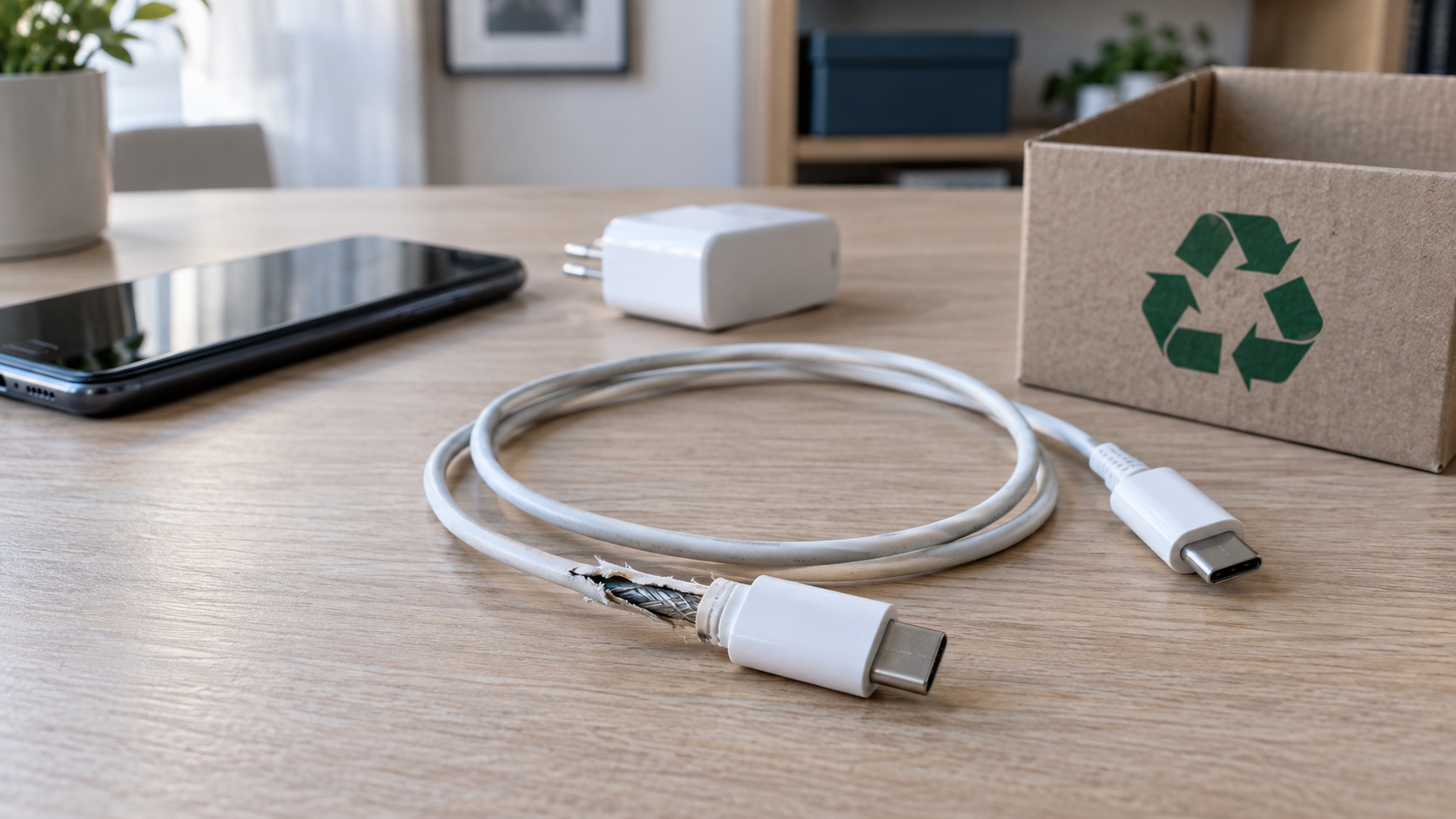 Cablu USB-C deteriorat, complet deconectat și pregătit pentru predare separată