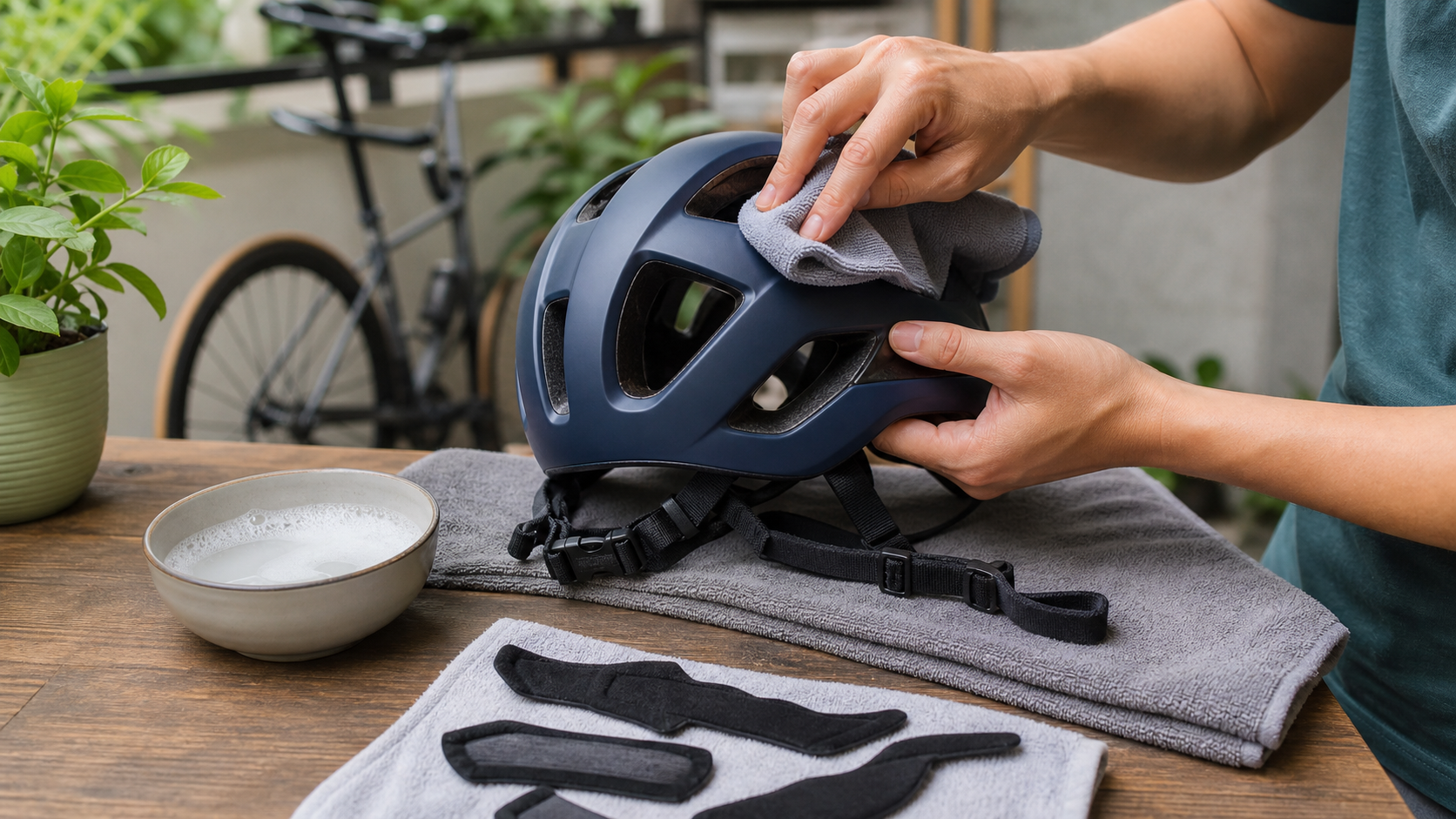 Cască de bicicletă curățată manual, cu bureții detașabili lăsați la uscat