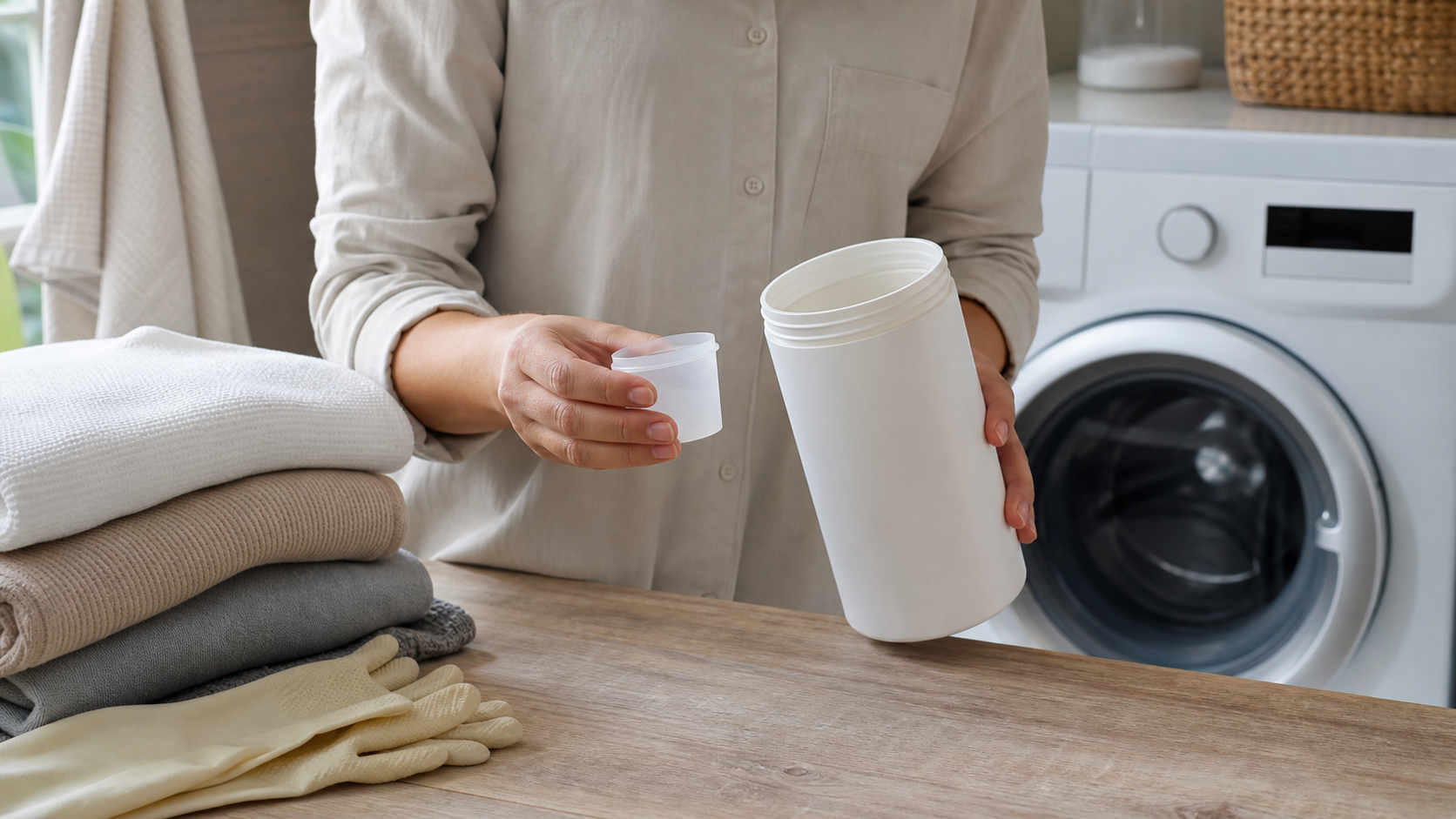 Dozarea unui detergent fără ambalaj de marcă într-o zonă de spălătorie