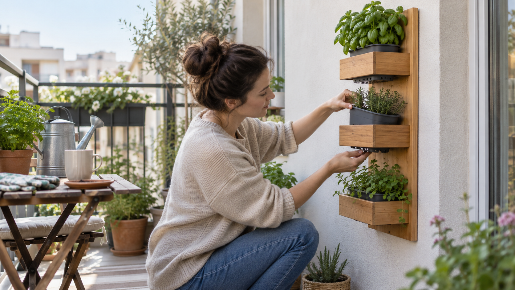 Persoană care verifică ghivecele detașabile și drenajul unei jardiniere verticale din lemn