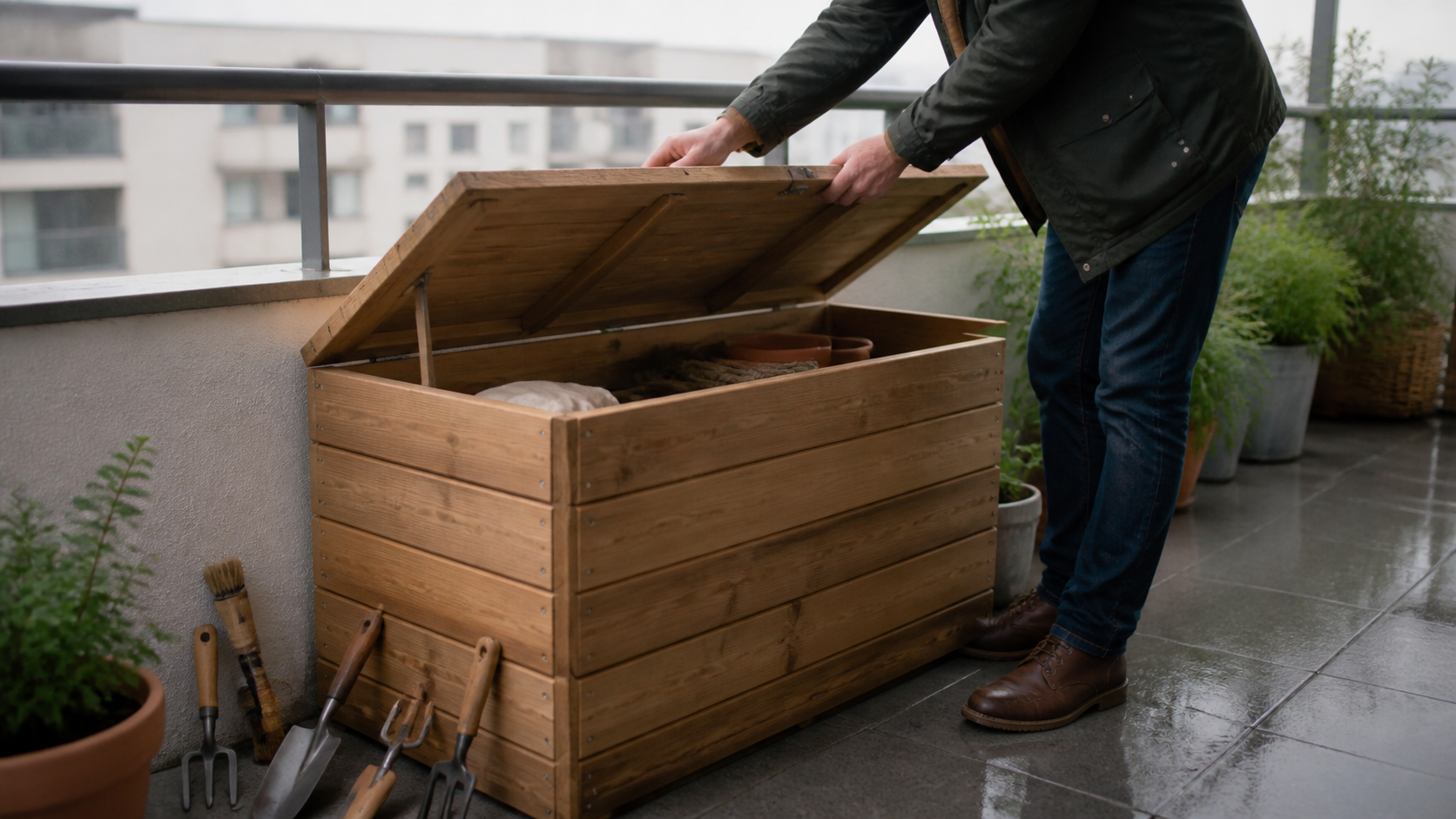 Ladă de depozitare din lemn pentru balcon: cum o protejezi de umezeală